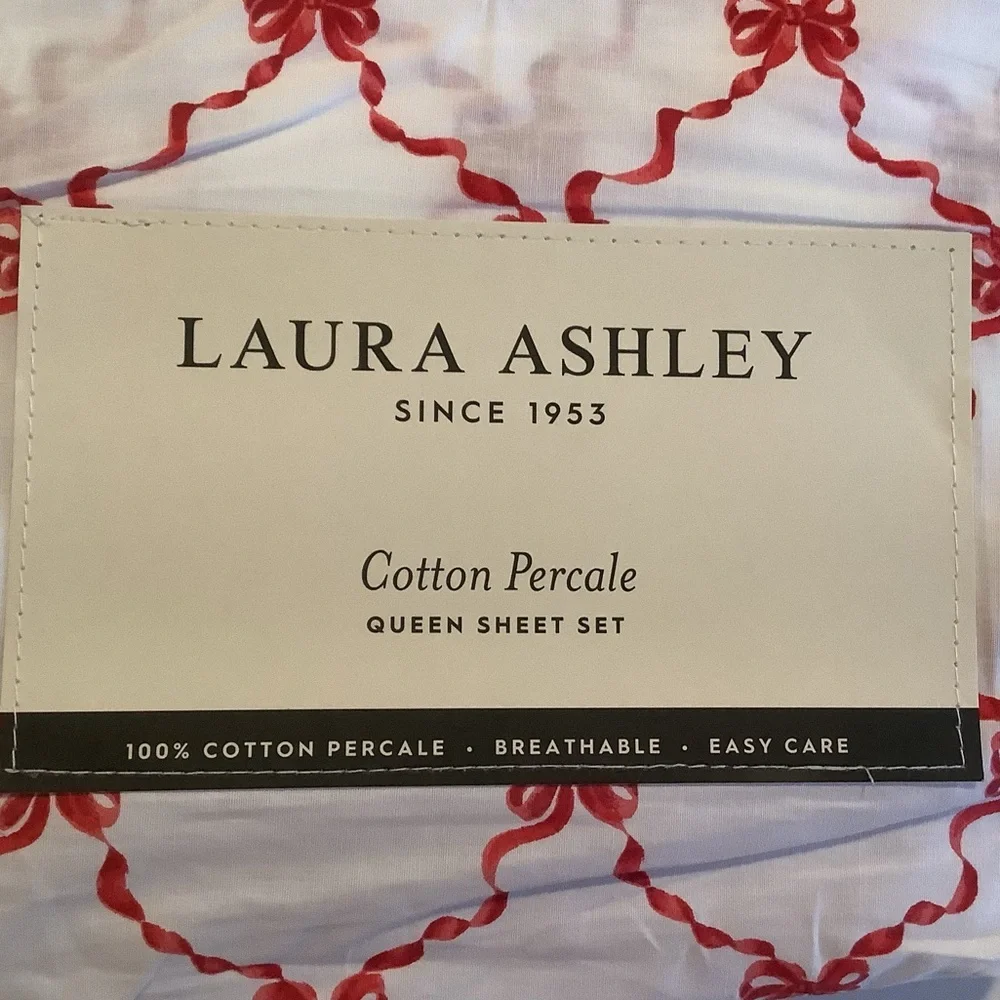 Laura Ashley Bow Ribbon Cotton Percale Queen Sheet Set New